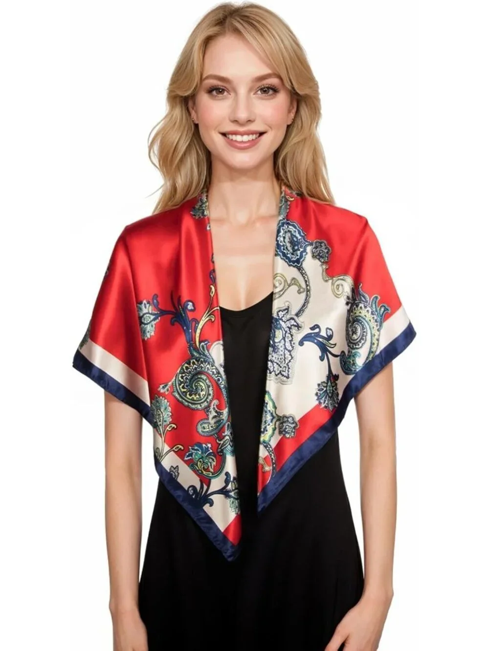 Women's Red Navy Printed Square Scarf Bandanas Hair Scarf 35 Inches